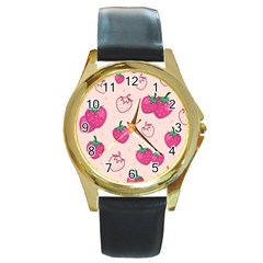 Seamless Strawberry Fruit Pattern Background Round Gold Metal Watch by Vaneshart