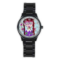 Purple Glasses Girl Wall Stainless Steel Round Watch by snowwhitegirl