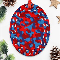 Red And Blue Camouflage Pattern Oval Filigree Ornament (two Sides) by SpinnyChairDesigns