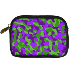 Purple And Green Camouflage Digital Camera Leather Case by SpinnyChairDesigns