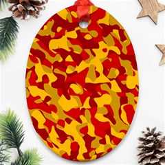 Red And Yellow Camouflage Pattern Ornament (oval) by SpinnyChairDesigns