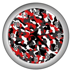 Black Red White Camouflage Pattern Wall Clock (silver) by SpinnyChairDesigns