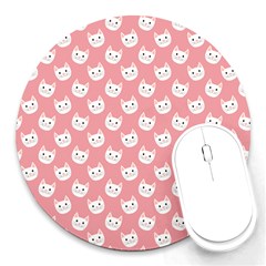 Cute Cat Faces White And Pink Round Mousepads by SpinnyChairDesigns