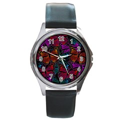 Colorful Monarch Butterfly Pattern Round Metal Watch by SpinnyChairDesigns