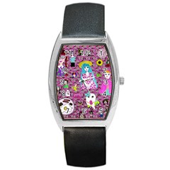 Blue Denim And Drawings Daisies Pink Barrel Style Metal Watch by snowwhitegirl