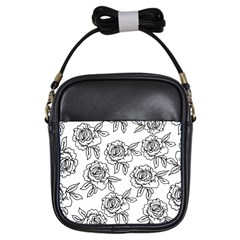 Line Art Black And White Rose Girls Sling Bag by MintanArt