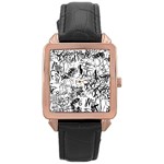 Black And White Graffiti Abstract Collage Rose Gold Leather Watch  Front