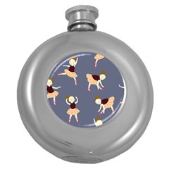 Cute  Pattern With  Dancing Ballerinas On The Blue Background Round Hip Flask (5 Oz) by EvgeniiaBychkova