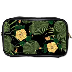 Tropical Vintage Yellow Hibiscus Floral Green Leaves Seamless Pattern Black Background  Toiletries Bag (two Sides) by Sobalvarro