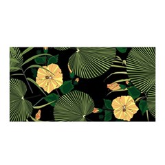 Tropical Vintage Yellow Hibiscus Floral Green Leaves Seamless Pattern Black Background  Satin Wrap by Sobalvarro