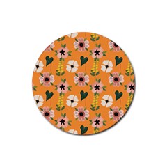 Flower Orange Pattern Floral Rubber Round Coaster (4 Pack)  by Dutashop