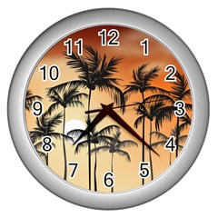 Sunset Palm Trees Beach Summer Wall Clock (silver) by ExtraAwesomeSauce