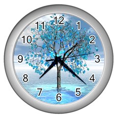 Crystal Blue Tree Wall Clock (silver) by icarusismartdesigns