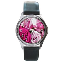 Magenta Roses Round Metal Watch by kaleidomarblingart