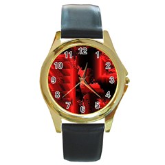 Red Light Round Gold Metal Watch by MRNStudios