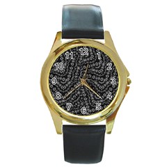 Black And White Modern Intricate Ornate Pattern Round Gold Metal Watch by dflcprintsclothing