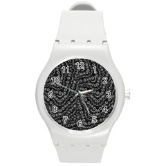 Black And White Modern Intricate Ornate Pattern Round Plastic Sport Watch (m) by dflcprintsclothing