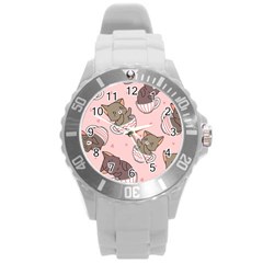 Seamless Pattern Adorable Cat Inside Cup Round Plastic Sport Watch (l)