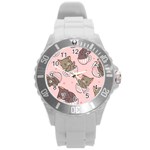 Seamless Pattern Adorable Cat Inside Cup Round Plastic Sport Watch (L) Front