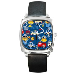 Seamless-pattern-vector-rescue-team-cartoon Square Metal Watch by Jancukart