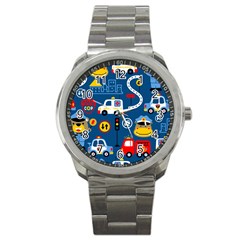 Seamless-pattern-vector-rescue-team-cartoon Sport Metal Watch by Jancukart