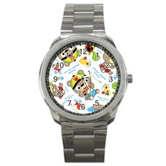 Vector-seamless-pattern-cute-fishing-animals-cartoon Sport Metal Watch