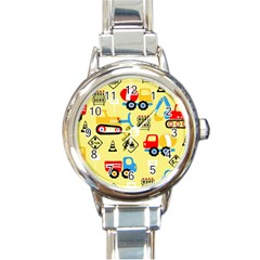 Seamless-pattern-vector-industrial-vehicle-cartoon Round Italian Charm Watch