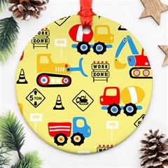 Seamless-pattern-vector-industrial-vehicle-cartoon Round Ornament (two Sides)