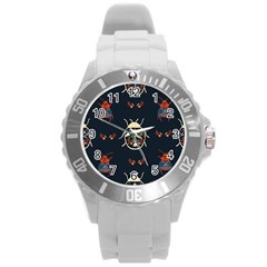 Floral-bugs-seamless-pattern Round Plastic Sport Watch (l)