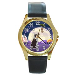 Cat-kitty-mouse-mice-escape-trick Round Gold Metal Watch