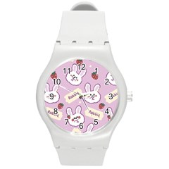 Illustration Rabbit Cartoon Background Pattern Round Plastic Sport Watch (m) by Sudhe