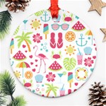 Flamingo Bird Nature Illustration Summer Beach Round Ornament (Two Sides) Back