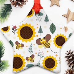 Nature Honeybee Sunflower Leaves Leaf Seamless Background Star Ornament (two Sides)