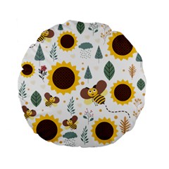 Nature Honeybee Sunflower Leaves Leaf Seamless Background Standard 15  Premium Flano Round Cushions