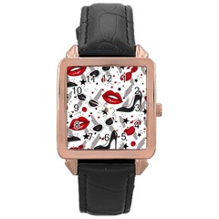 Red Lips Black Heels Pattern Rose Gold Leather Watch 