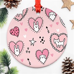 Cartoon-cute-valentines-day-doodle-heart-love-flower-seamless-pattern-vector Round Ornament (two Sides)