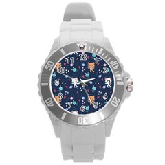 Cute-astronaut-cat-with-star-galaxy-elements-seamless-pattern Round Plastic Sport Watch (l)