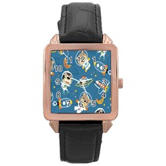 Seamless-pattern-funny-astronaut-outer-space-transportation Rose Gold Leather Watch 