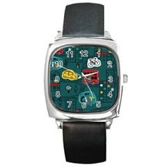 Seamless-pattern-hand-drawn-with-vehicles-buildings-road Square Metal Watch by Wegoenart