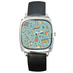 Seamless-pattern-musical-instruments-notes-headphones-player Square Metal Watch by Wegoenart