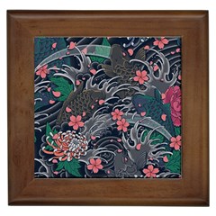 Japanese Wave Koi Illustration Seamless Pattern Framed Tile by Wegoenart