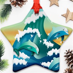 Dolphin Seagull Sea Ocean Wave Ornament (star) by Wegoenart