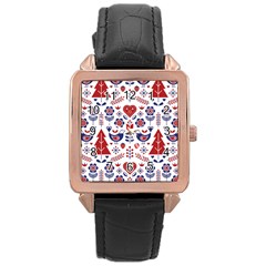 Scandinavian Folk Seamless Pattern Rose Gold Leather Watch 