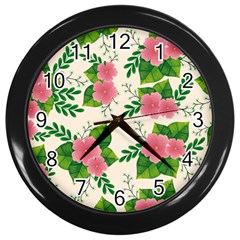 Cute-pink-flowers-with-leaves-pattern Wall Clock (black) by Pakemis