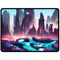 Urban City Cyberpunk River Cyber Tech Future Double Sided Fleece Blanket (large) by Uceng