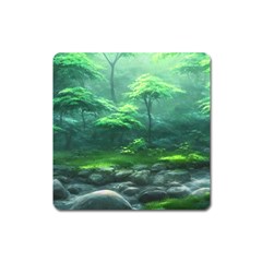 River Forest Woods Nature Rocks Japan Fantasy Square Magnet by Uceng