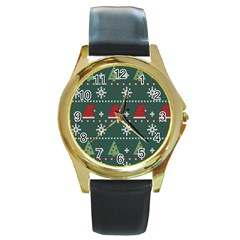 Beautiful Knitted Christmas Pattern Round Gold Metal Watch by Uceng