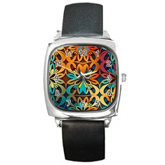 Orange, Turquoise And Blue Pattern  Square Metal Watch by Sobalvarro