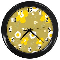 Daisy Flowers Yellow White Olive  Wall Clock (black) by Mazipoodles