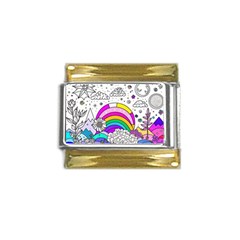 Rainbow Fun Cute Minimal Doodle Drawing Art Gold Trim Italian Charm (9mm) by Ravend